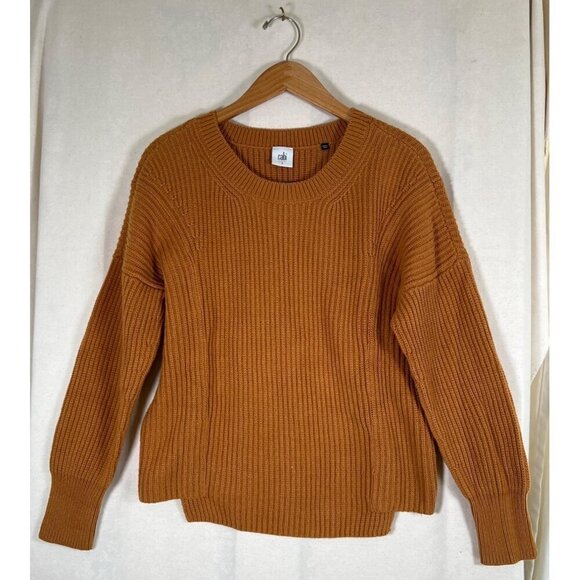 Cabi Womens Size S Gold Shaker Rib Knit Top Cropped Crewneck Step Hemline L/S - Picture 7 of 8